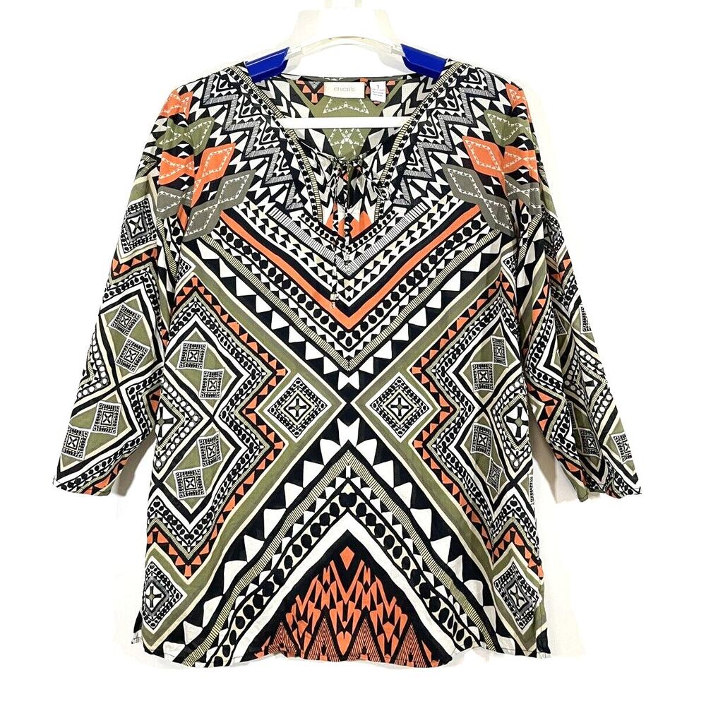 Chicos Black Orange Geometric Tribal Top Tie Front Pullover Size 1 US 8